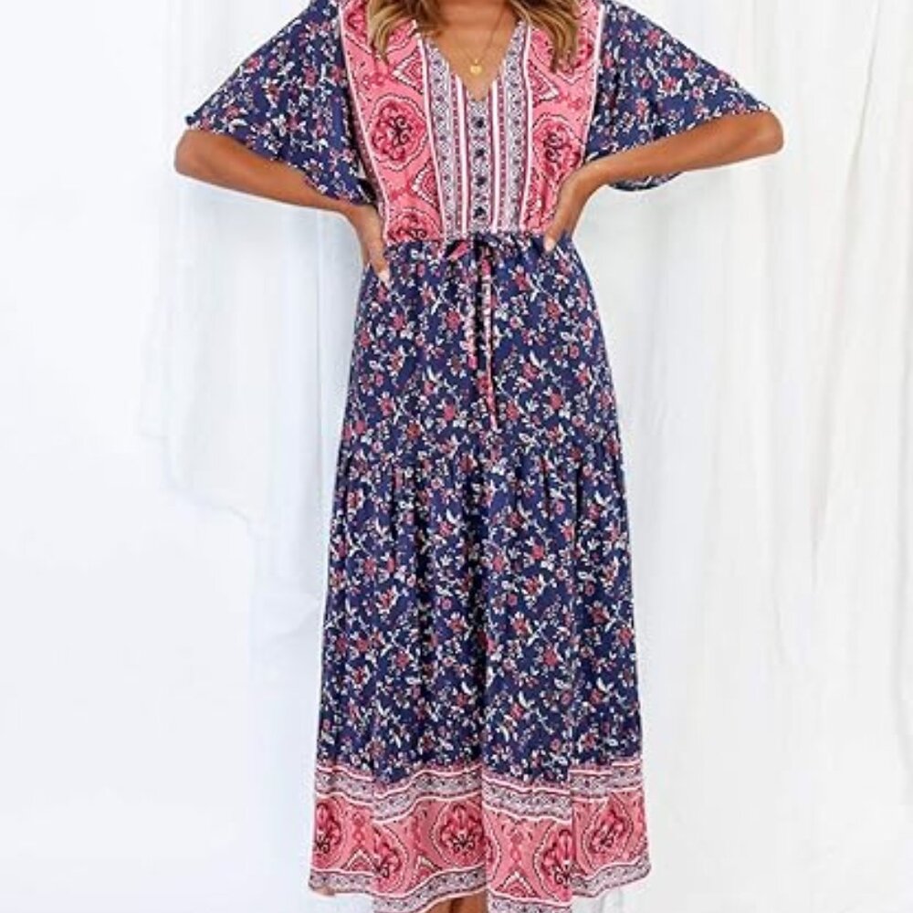 NEW Boho Print V-Neck Short Sleeve Maxi Dress floral Small paisley Romantic